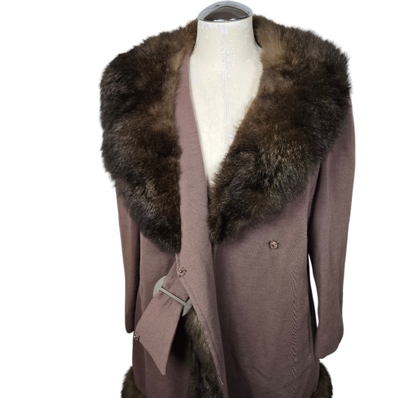 I. J. Fox Cleveland Brown Pure Wool Fur Trim Snap Button Vintage Coat L - Picture 2 of 7